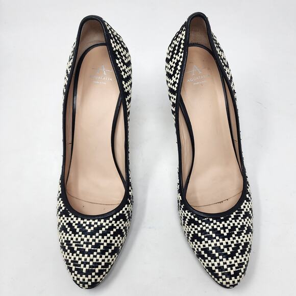 AQUATALIA Pumps Women 10.5 Woven Jute Black Leather Trim Stilettos Made in Italy - Picture 3 of 9
